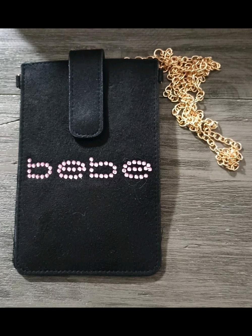 bebe Black Velvet Crossbody Phone Pouch with Pink Crystal Logo & Gold Chain